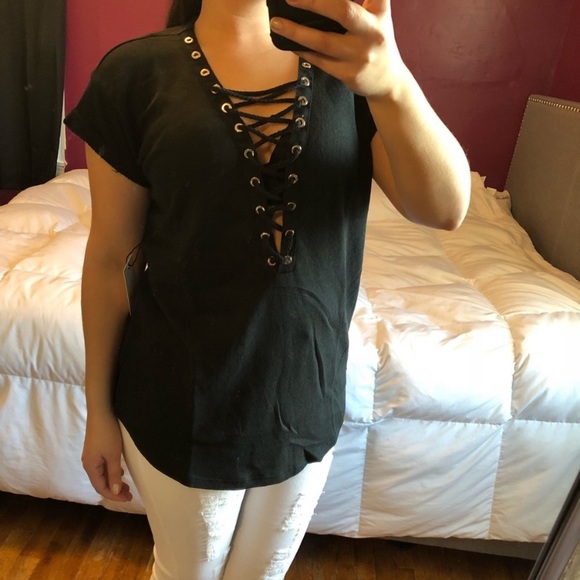 Womens gray french terry lace up short sleeve top - Picture 7 of 8